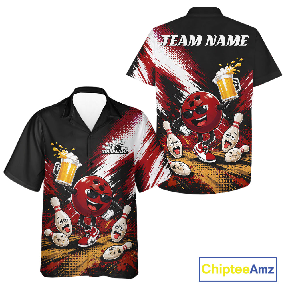 Custom bowling-themed short-sleeve button-up shirt shown from both front and back. The black base features a large red bowling ball character with bowling pins, bowling pins falling, beer mugs, and a red-and-black brushstroke background.