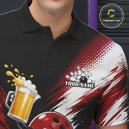 A close-up of a black short-sleeve polo shirt with a red, white, and black graphic design featuring a beer mug splash, bowling pins, a bowling ball, and a customizable name. 