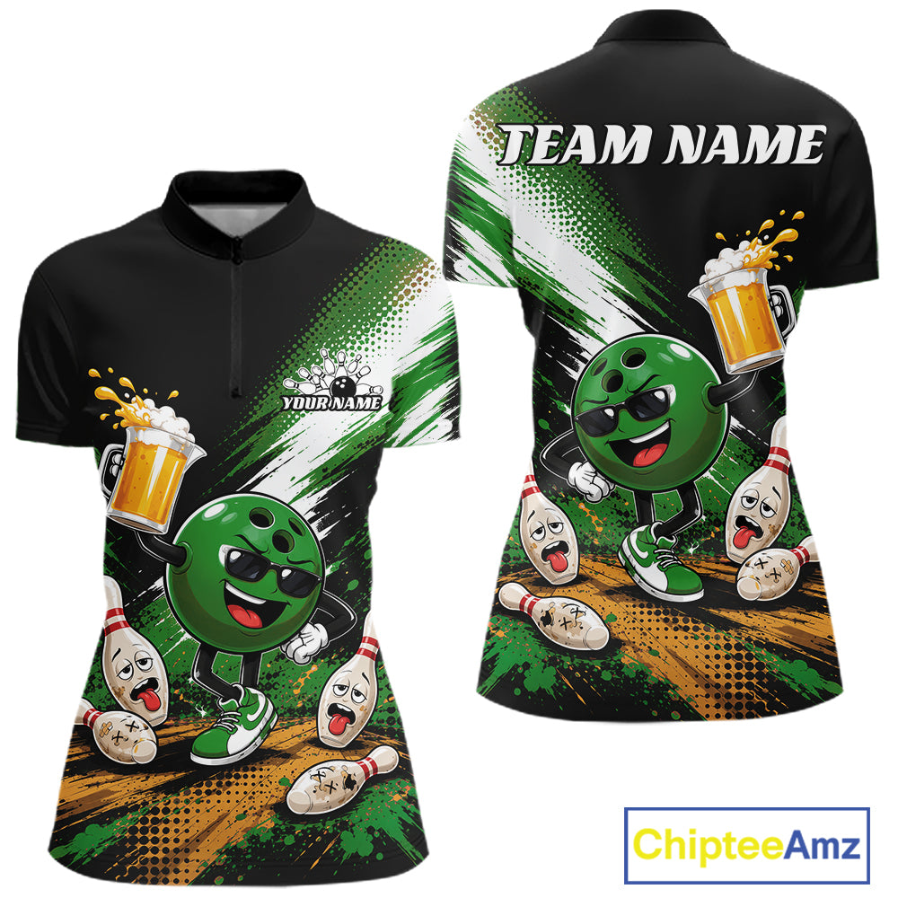 Front and back views of a custom short-sleeve quarter zip shirt featuring a green bowling ball cartoon character, bowling pins, beer mugs, and a black-to-white graphic design with green accents. The back shows 'TEAM NAME' and the front has 'YOURNAME' placeholders, indicating customization.