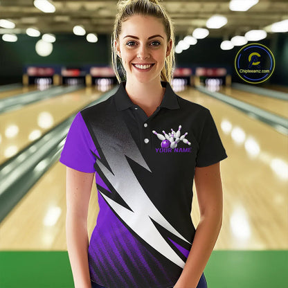 Black And Purple Custom Bowling Jerseys, Bowling Team Shirts For Women Bowling Outfits IPHW7707