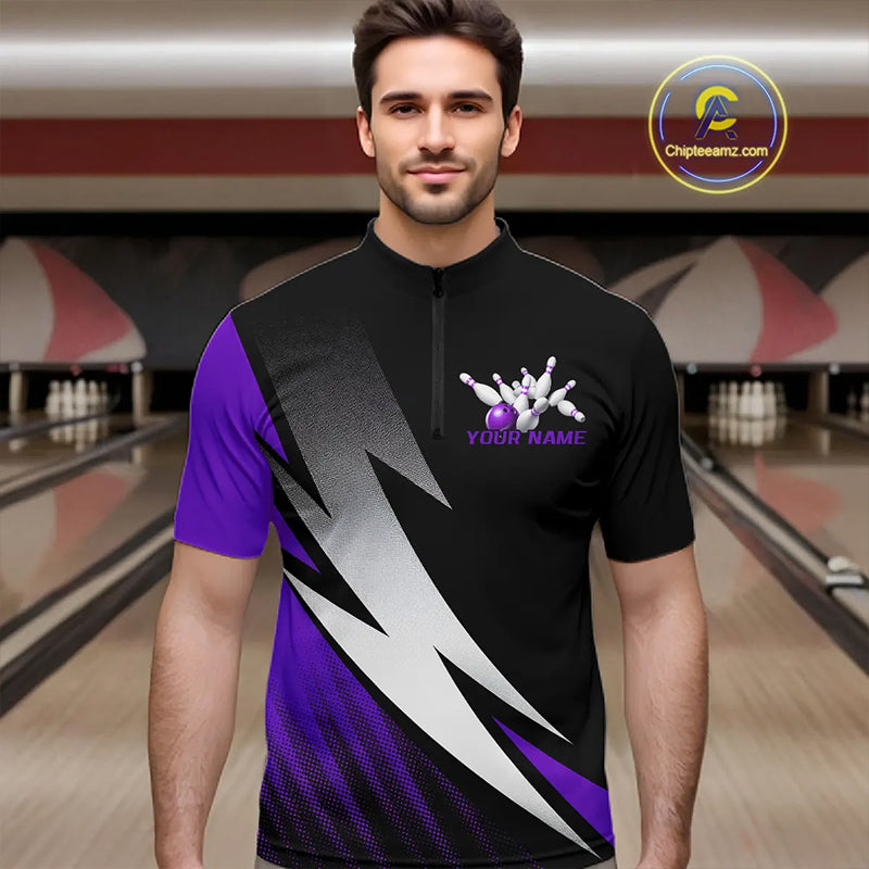 Black And Purple Custom Bowling Jerseys, Bowling Team Shirts For Men Bowling Tournament Outfits IPHW7707