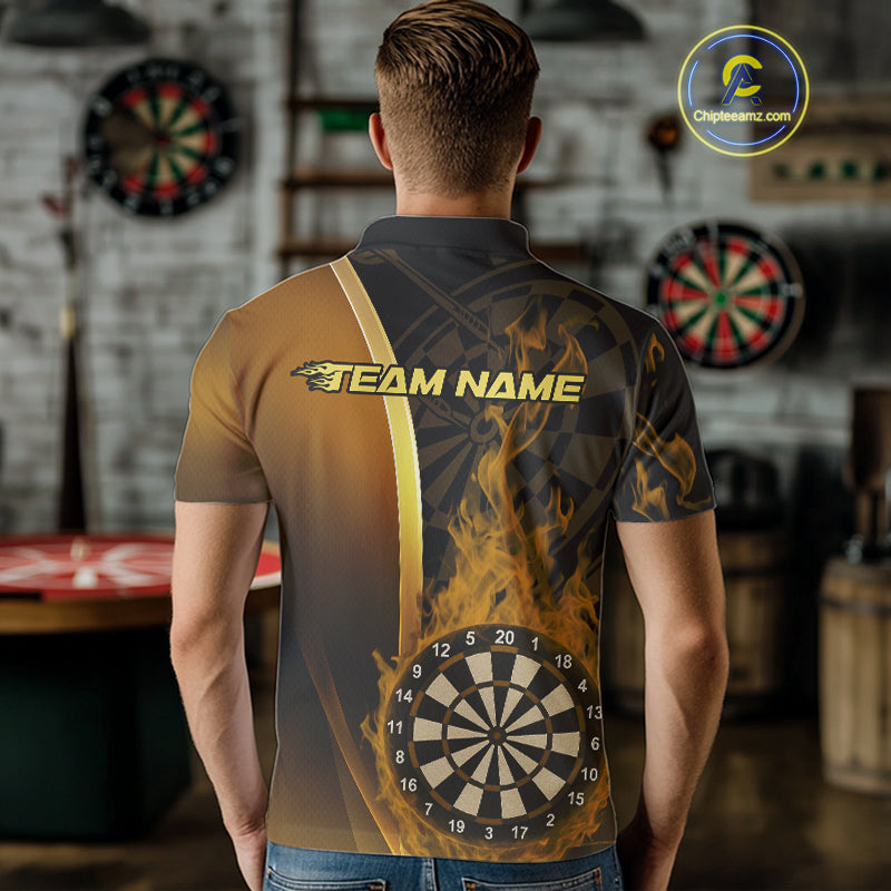 Custom Black And Gold Flame Dartboard Dart Team Men Polo Shirt, Fire Dart Jersey IPHW9991