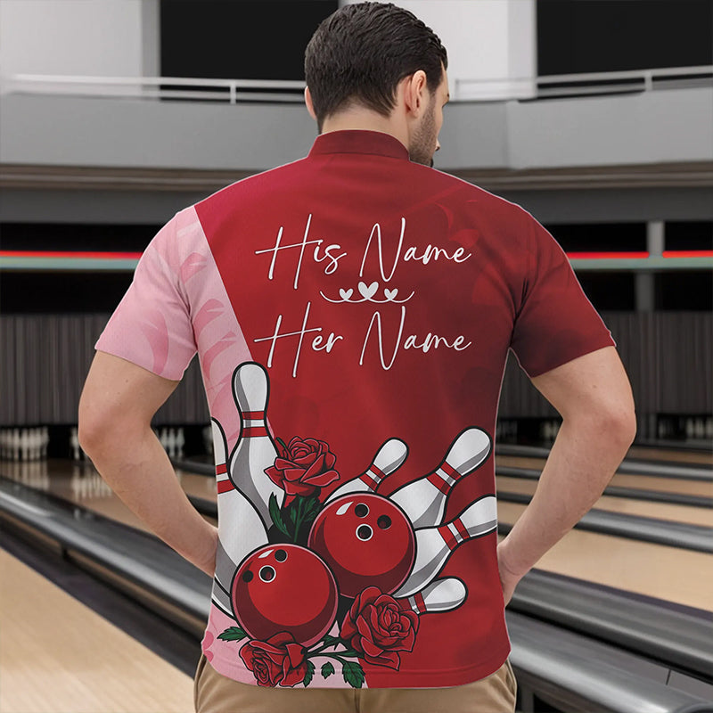 Bowling And Red Roses Custom Valentine Bowling Quarter-Zip Shirts For Men Bowling Couple Outfits IPHW8354