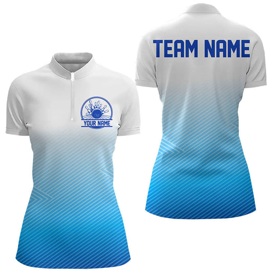 Custom Blue Bowling Team Womens Quarter-Zip Shirts, Bowling Tournament Bowling League Shirt IPHW8538