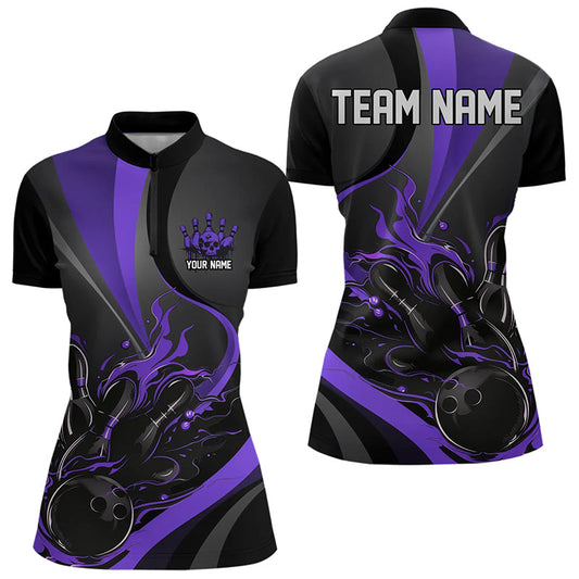 Custom Black And Purple Flame Bowling Quarter-Zip Shirts For Women, Fire Bowling Team Shirt IPHW8541