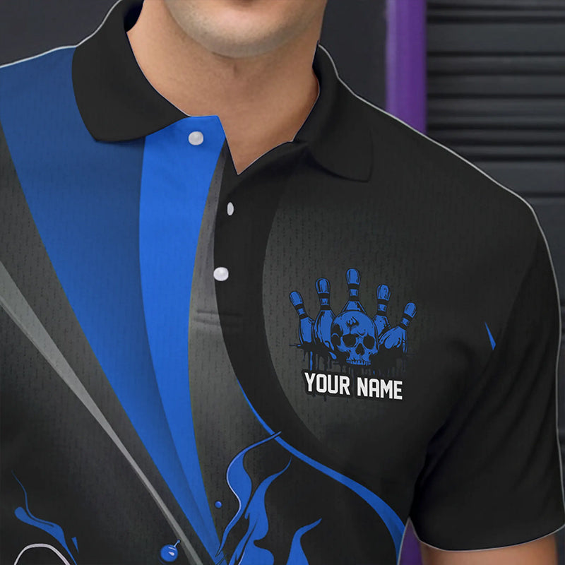 Custom Black And Blue Flame Bowling Polo Shirts For Men, Fire Bowling Team Shirt IPHW8542