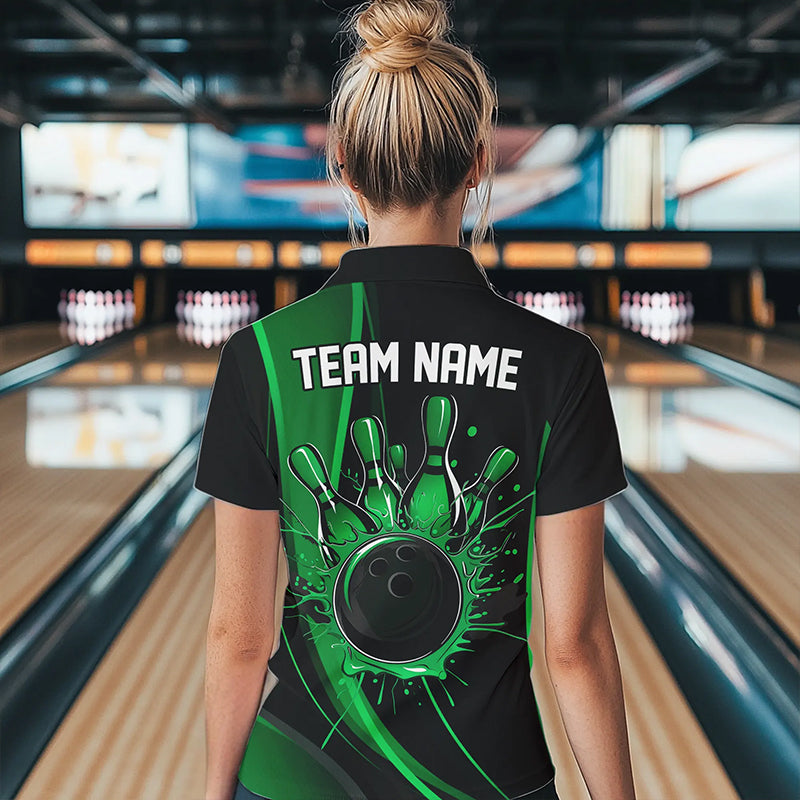 Custom Black And Green Bowling Polo Shirts For Women, Bowling Tournament Team Shirts IPHW8543