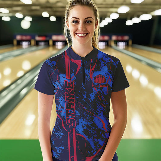 Custom Blue And Red Strike Bowling Quarter-Zip Shirts For Women, Bowling Team Uniform IPHW8858