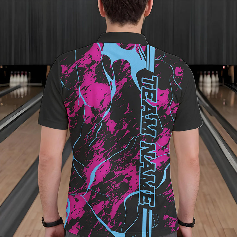 Custom Pink And Blue Strike Bowling Polo Shirts For Men, Bowling League Team Uniform IPHW8859