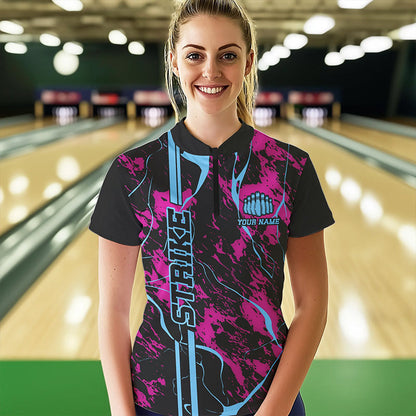 Custom Pink And Blue Strike Bowling Womens Quarter-Zip Shirts, Bowling League Team Uniform IPHW8859