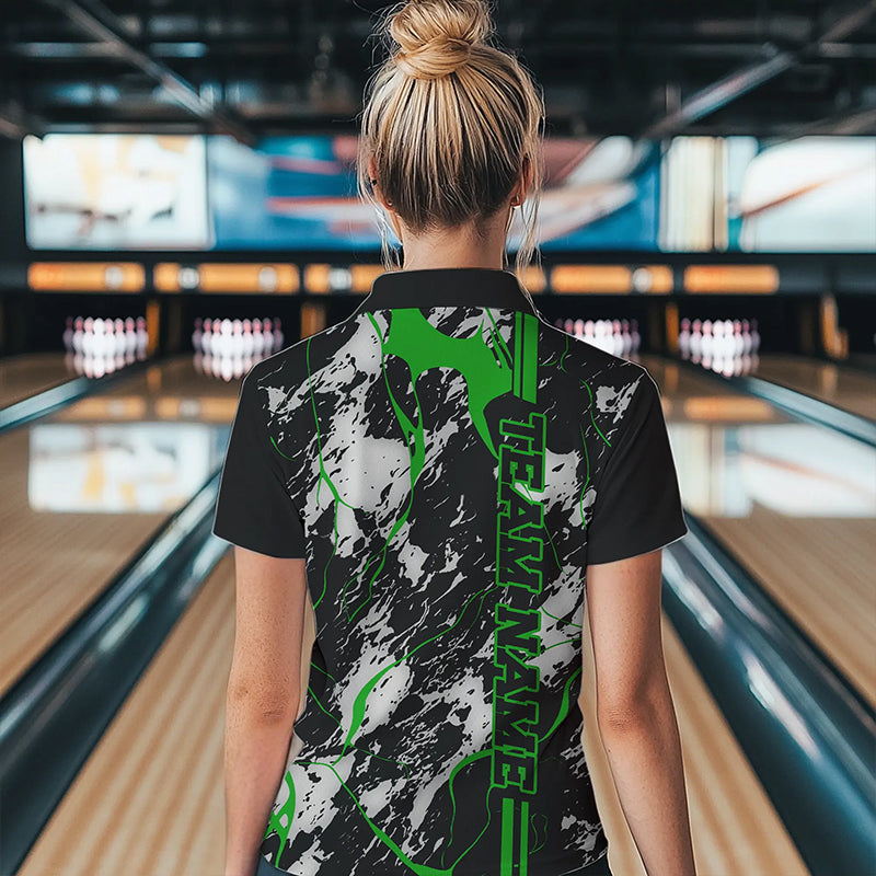 Custom Gray And Green Strike Bowling Polo Shirts For Women, Bowling League Team Uniform IPHW8862