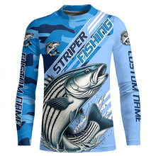 Load image into Gallery viewer, Custom Striped Bass Fishing Long Sleeve Shirts, Striper Saltwater Fishing Jerseys | Blue Camo IPHW6371