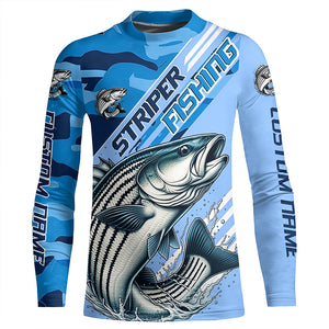Custom Striped Bass Fishing Long Sleeve Shirts, Striper Saltwater Fishing Jerseys | Blue Camo IPHW6371