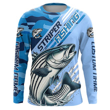 Load image into Gallery viewer, Custom Striped Bass Fishing Long Sleeve Shirts, Striper Saltwater Fishing Jerseys | Blue Camo IPHW6371
