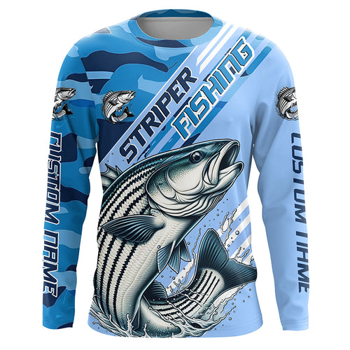 Custom Striped Bass Fishing Long Sleeve Shirts, Striper Saltwater Fishing Jerseys | Blue Camo IPHW6371