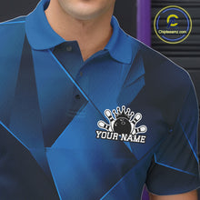Load image into Gallery viewer, Blue polo shirt with a logo and text placeholder on a dark background