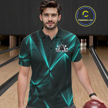 Load image into Gallery viewer, Man wearing a green and black patterned polo shirt with a logo on a bowling alley.