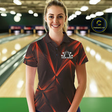 Load image into Gallery viewer, Woman wearing a custom orange  bowling shirt with a logo and text in a bowling alley.