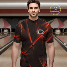 Load image into Gallery viewer, Man wearing a black and red bowling shirt with a personalized design in a bowling alley.