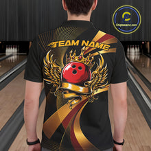 Load image into Gallery viewer, Person wearing a black bowling shirt with a red bowling ball design in a bowling alley.