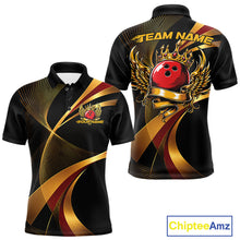 Load image into Gallery viewer, Bowling jersey with gold and red design on a black background, featuring 'Team Name' and 'Your Name' text.