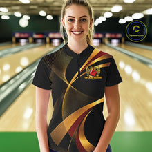 Load image into Gallery viewer, Woman wearing a custom bowling shirt with a logo in a bowling alley