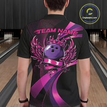 Load image into Gallery viewer, Person wearing a black bowling shirt with a purple bowling ball design in a bowling alley.