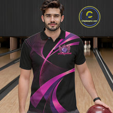 Load image into Gallery viewer, Man wearing a black and purple bowling shirt with a logo on a bowling alley.