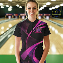 Load image into Gallery viewer, Woman wearing a black and purple bowling shirt with a logo on a bowling alley.