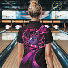 Load image into Gallery viewer, Person wearing a bowling shirt with a purple design and 'Team Name' text in a bowling alley.