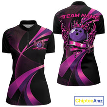 Load image into Gallery viewer, Black and purple bowling shirt with 'Team Name' text on a white background