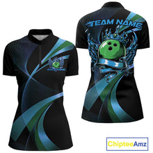 Load image into Gallery viewer, Bowling jersey with green ball and blue patterns on black background, featuring 'Chiptee Amz' brand.