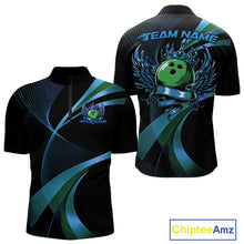 Load image into Gallery viewer, Black bowling shirt with blue and green designs on a white background, featuring 'Chiptee Amz' branding.