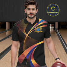 Load image into Gallery viewer, Man wearing a colorful bowling shirt with a logo in a bowling alley.