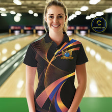 Load image into Gallery viewer, Woman wearing a colorful bowling shirt with a logo in a bowling alley