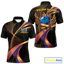 Load image into Gallery viewer, Black bowling shirt with colorful design and 'Team Name' text on a white background