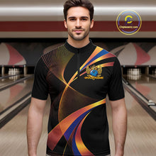Load image into Gallery viewer, Man wearing a colorful bowling shirt with a logo in a bowling alley.