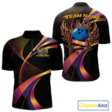 Load image into Gallery viewer, Black bowling shirt with colorful designs and 'Team Name' text on a white background