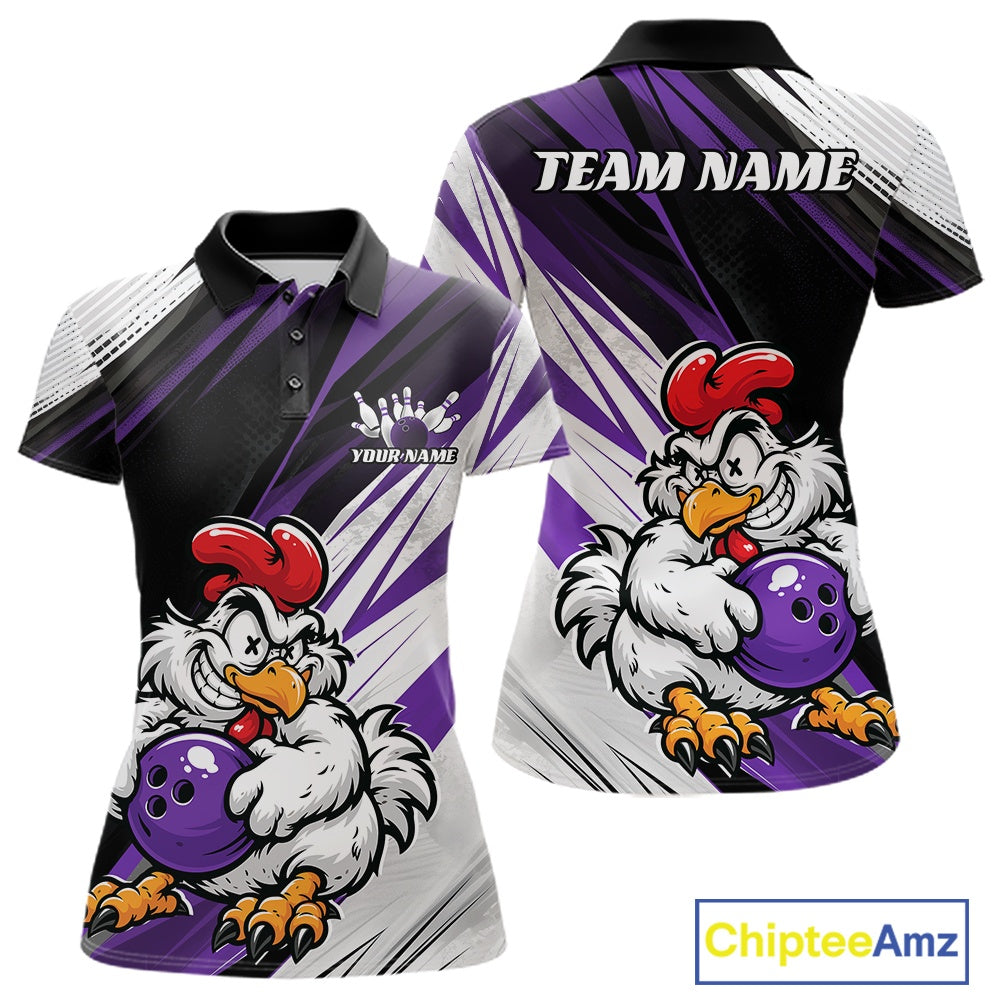 Front and back views of a short-sleeve polo shirt featuring a cartoon bowling chicken graphic in purple, white, black, red, and orange, with customizable text placeholders 'TEAM NAME' and 'YOUR NAME'.