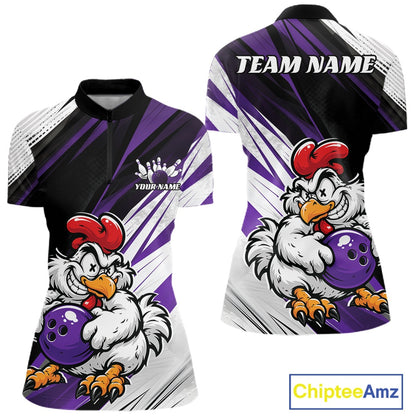Front and back views of a short-sleeve athletic jersey with a purple, black, and white graphic design featuring a cartoon chicken holding a bowling ball. The front has a small white crown logo with placeholder text, and the back has 'TEAM NAME' printed across the shoulders.