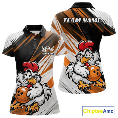Custom short-sleeve polo shirt shown in front and back views, featuring a cartoon chicken holding a bowling ball on a black, white, and orange graphic background. The shirt includes customizable text areas reading 'TEAM NAME' and 'YOUR NAME'.