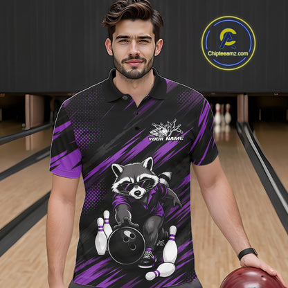 A man wearing a custom bowling-themed polo shirt with a raccoon graphic, standing in a bowling alley. The shirt features a black and purple pattern with a cartoon raccoon holding a bowling ball and pins.