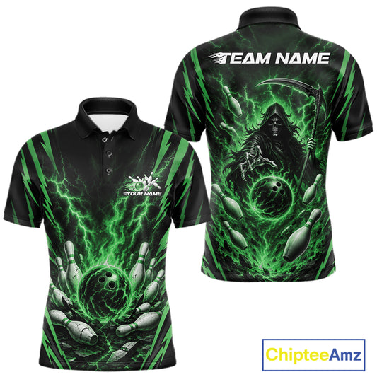 Front and back views of a short-sleeve polo shirt with a black and green bowling-themed graphic print, featuring a grim reaper, bowling pins, and lightning effects. The shirt includes customizable text placeholders 'TEAM NAME' and 'YOUR NAME'.