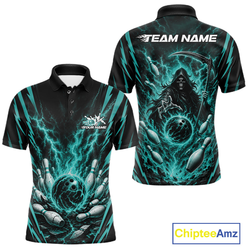 Front and back views of a short-sleeve polo shirt with a dark black base and vivid teal lightning effects, plus a grim reaper and bowling pins graphic. The back shows 'TEAM NAME' text 
