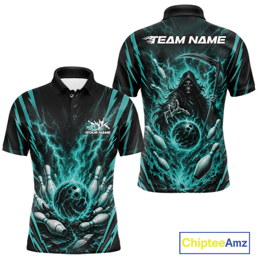 Front and back views of a short-sleeve polo shirt with a dark black base and vivid teal lightning effects, plus a grim reaper and bowling pins graphic. The back shows 'TEAM NAME' text 
