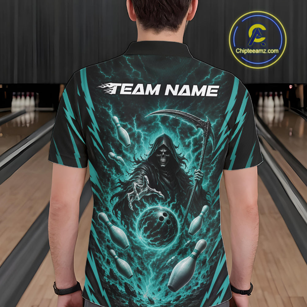 A male model viewed from behind wearing a short-sleeve polo bowling shirt with a dramatic Grim Reaper graphic in teal, black, and gray, with bowling pins and lanes visible in the background. 