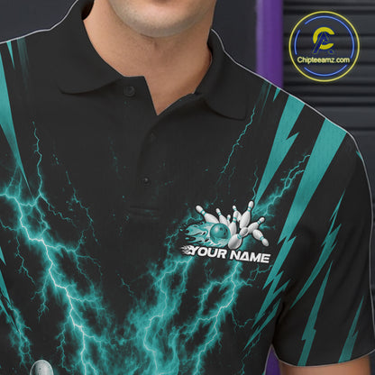 A close-up of a black short-sleeve polo shirt with a custom bowling-themed graphic. The design features bright teal lightning bolts and stripes, a bowling pin cluster, and the placeholder text 'YOUR NAME'.