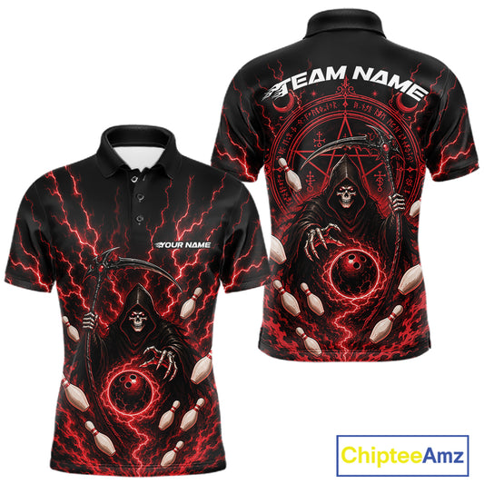 Black short-sleeve polo shirt with a red and black grim reaper graphic, shown in front and back views on a white background. The shirt features lightning, a scythe, bowling pins, and placeholder text for team name and personalization.