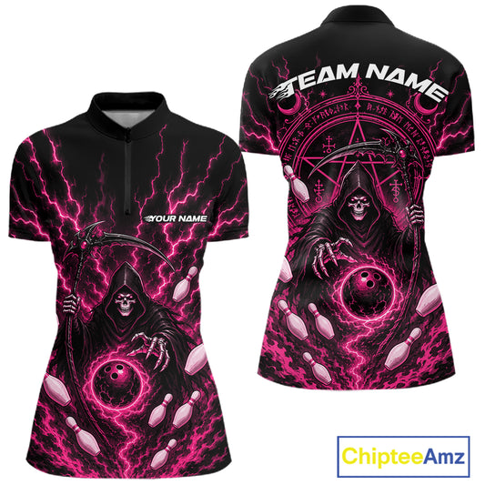 Front and back views of a women's short-sleeve quarter zip shirt with a black base and vivid pink lightning-bolt and grim reaper graphic, featuring bowling pin illustrations and customizable text areas, shown on a white background with a ChipteeAmz logo in the corner.