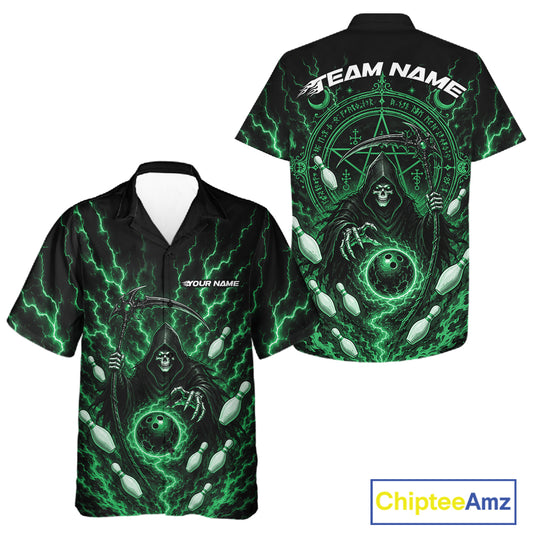 Black short-sleeve button-up shirt shown from front and back, featuring a green and black grim reaper design with lightning, skulls, and gothic symbols. The front has placeholder text 'YOUR NAME' and the back has 'TEAM NAME' 